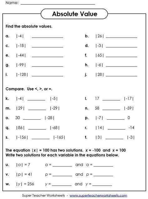 integers and absolute value worksheet grade 7